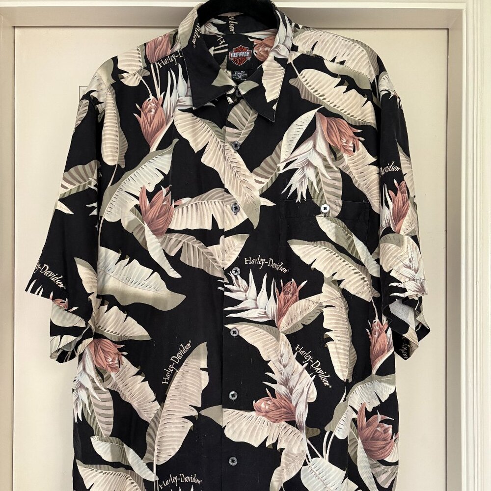 Men's XLarge Harley-Davidson Silk Black Floral Design Button Shirt XL Logo